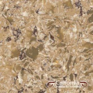 Beige and brown quartz countertop with light and dark veining.
