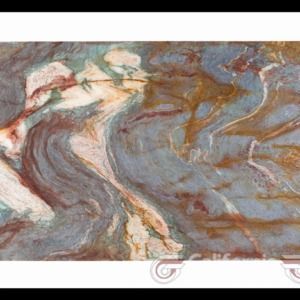 Swirling abstract pattern in blue, brown, and cream colors, resembling stone or marble.