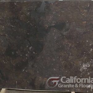 Dark brown granite slab with swirling patterns and white flecks.