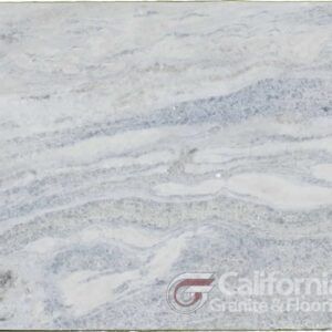 White and blue marble slab with wavy patterns, logo in the bottom right.