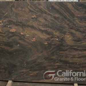A brown and black granite slab with swirling patterns.