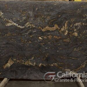 Dark granite slab with swirling brown, gold and grey patterns.