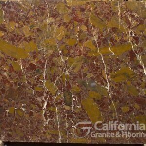 Red, gold, and white marble slab with intricate veining.