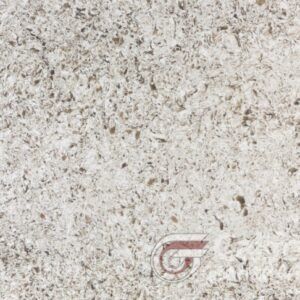Off-white quartz countertop with speckled gray and brown details.
