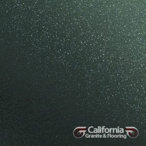 Dark green granite countertop surface with small white flecks, logo in the corner.