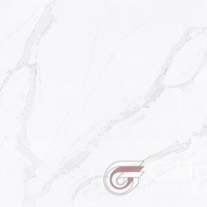 White tile with gray veining, with a logo in the bottom right corner.