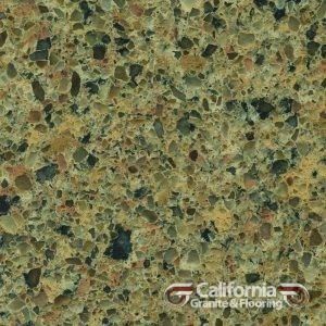 Close-up of a mottled countertop with various shades of green, brown, and black.