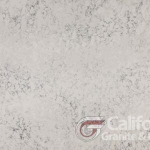 White and grey speckled quartz countertop. California Granite logo in the corner.