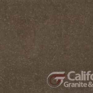 Brown granite slab with faint white veining, and a logo in the lower right corner.