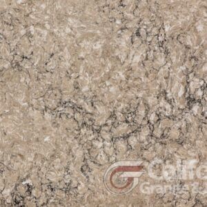 Beige and black granite countertop with swirling veining.