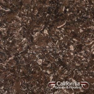 Dark brown quartz countertop with white veining.