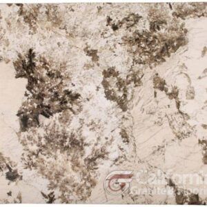 White granite countertop with brown and black mineral patterns.