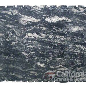 Dark gray granite slab with swirling white and black patterns, likely for countertops or flooring.
