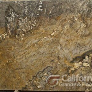 Granite slab with swirls of gold, brown, gray, and white, showing a natural stone texture with a