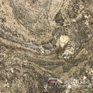Close-up of granite with swirling patterns in shades of gray, tan, and brown.