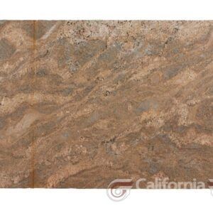 Brown and tan granite slab with flowing, wave-like patterns. Features patches of gray and subtle color variations.