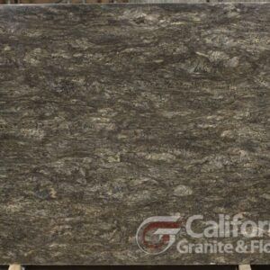 A large slab of granite with a swirling pattern of gray, brown, and gold tones, displayed against a plain backdrop.
