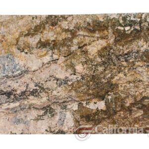 A rectangular granite slab with a mix of beige, brown, green, and blue-gray colors.