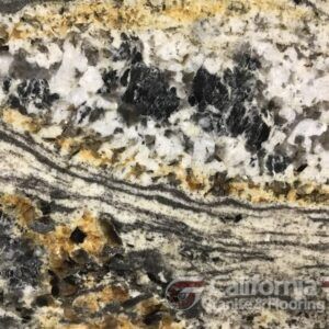 Close-up of granite with a flowing pattern of black, white, tan, and gold colors.