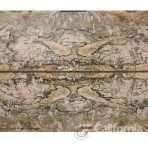 Beige and brown granite slab with symmetrical, abstract pattern and dark veining.