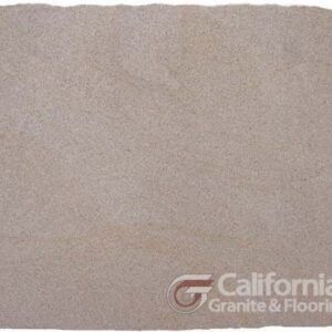 Close-up of a beige, textured stone slab. The California Granite & Flooring logo is in the bottom right corner.