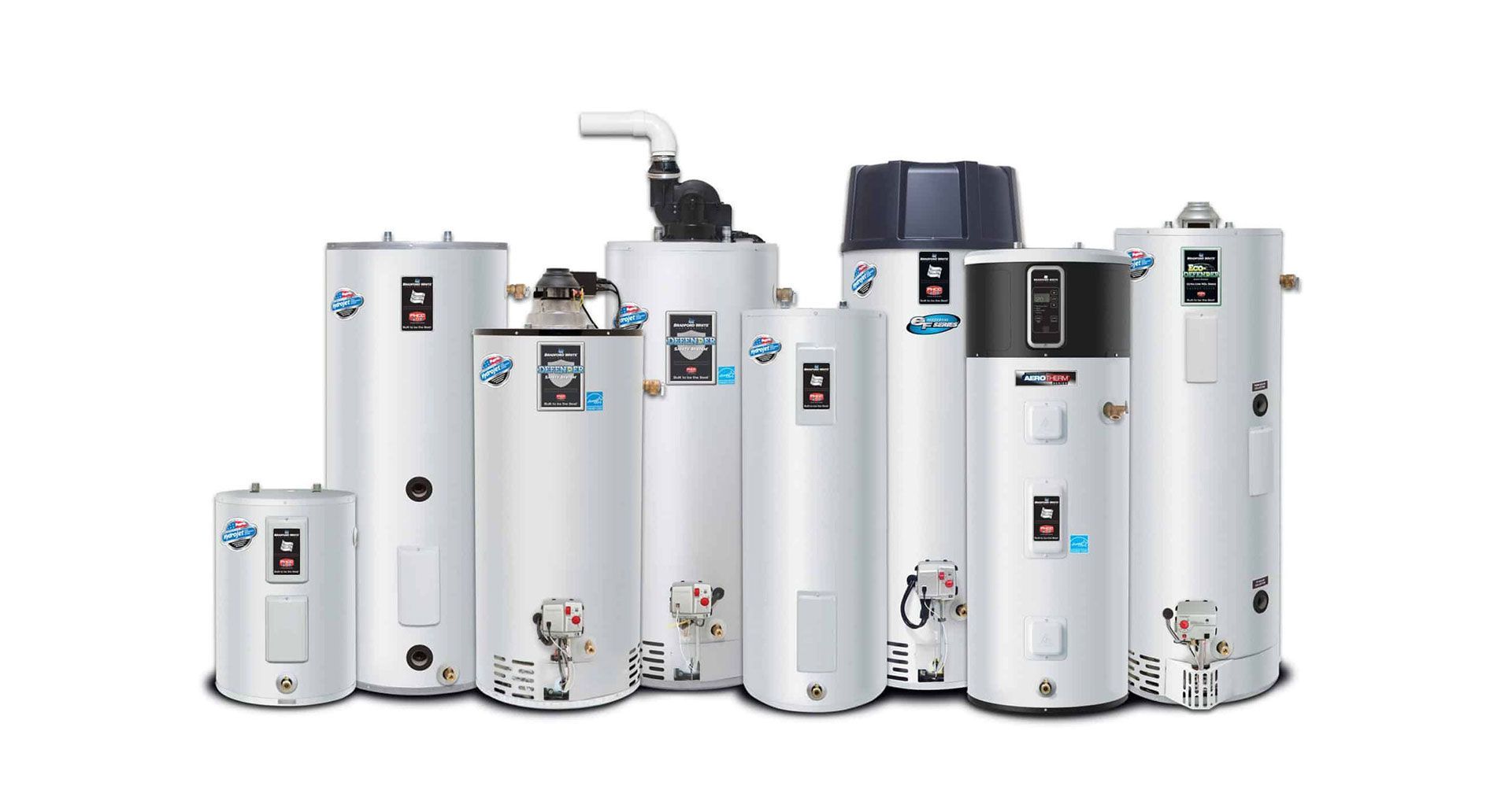 Collection of white water heaters of different sizes, arranged on white background