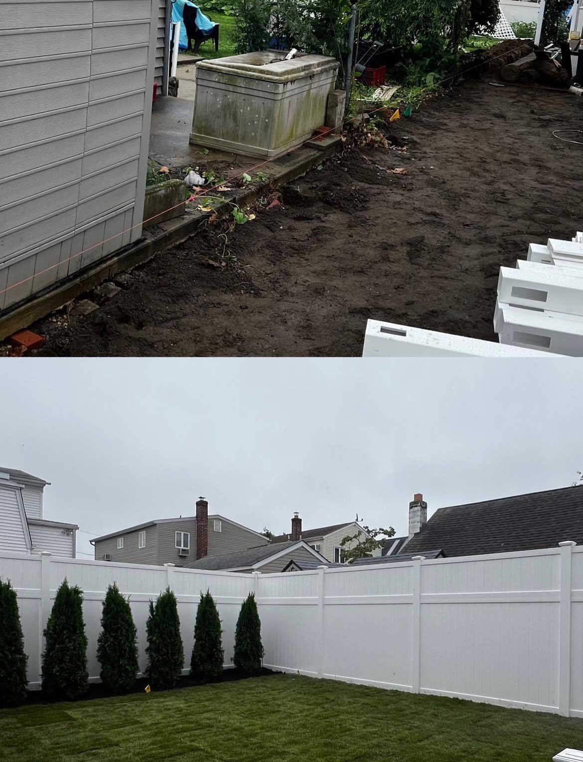 Before and after of a backyard transformation. Top: debris-filled, dirt yard. Bottom: white fence, green grass, trees.