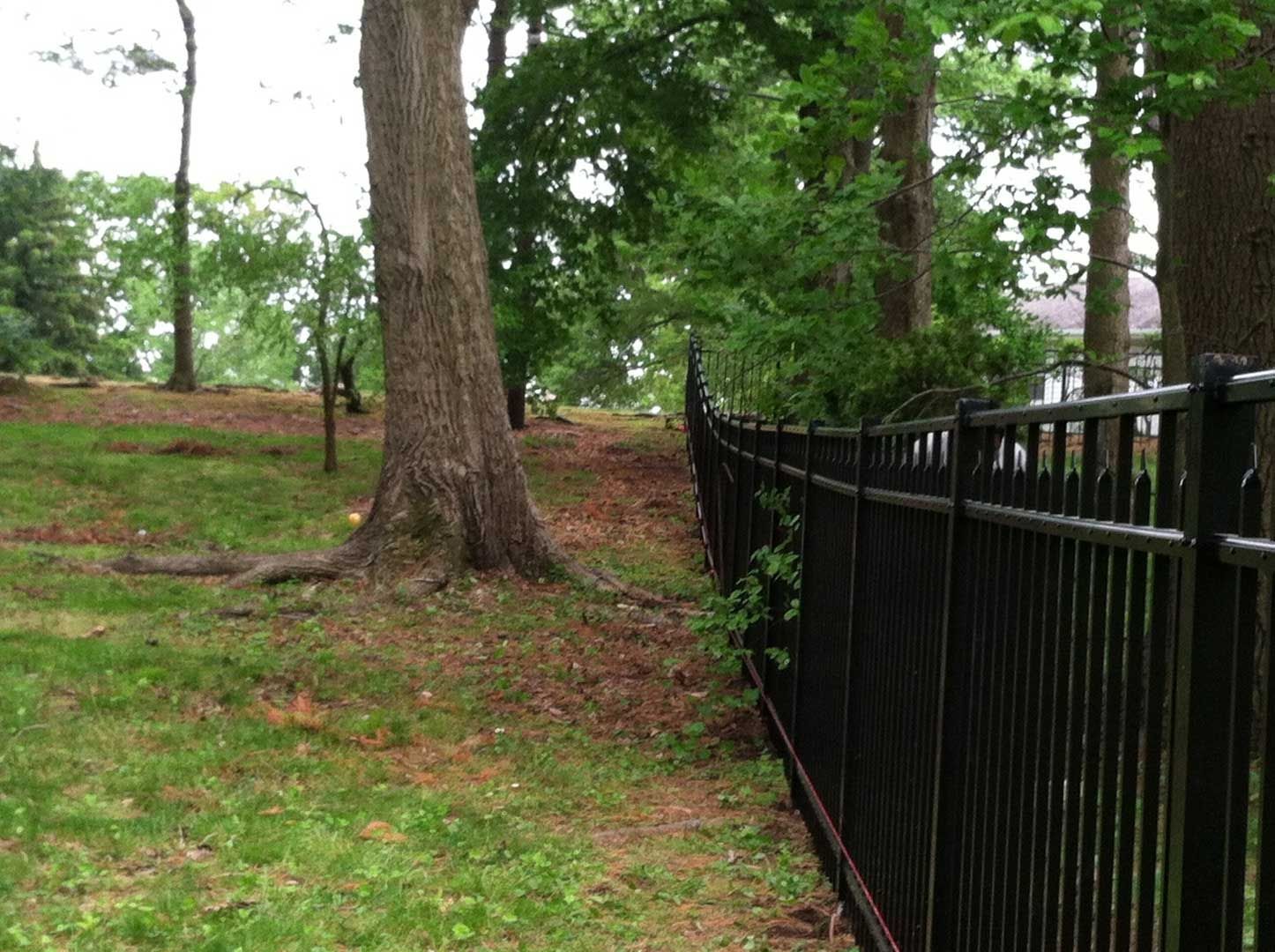Black metal fence along a grassy slope, with trees in the background under a cloudy sky.