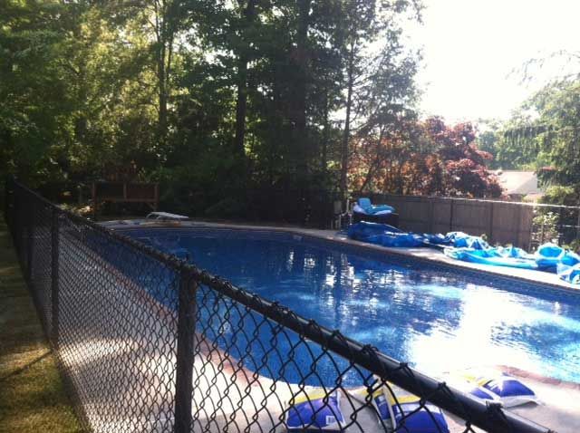 A fenced-in blue swimming pool surrounded by trees, with inflatables along the edge.