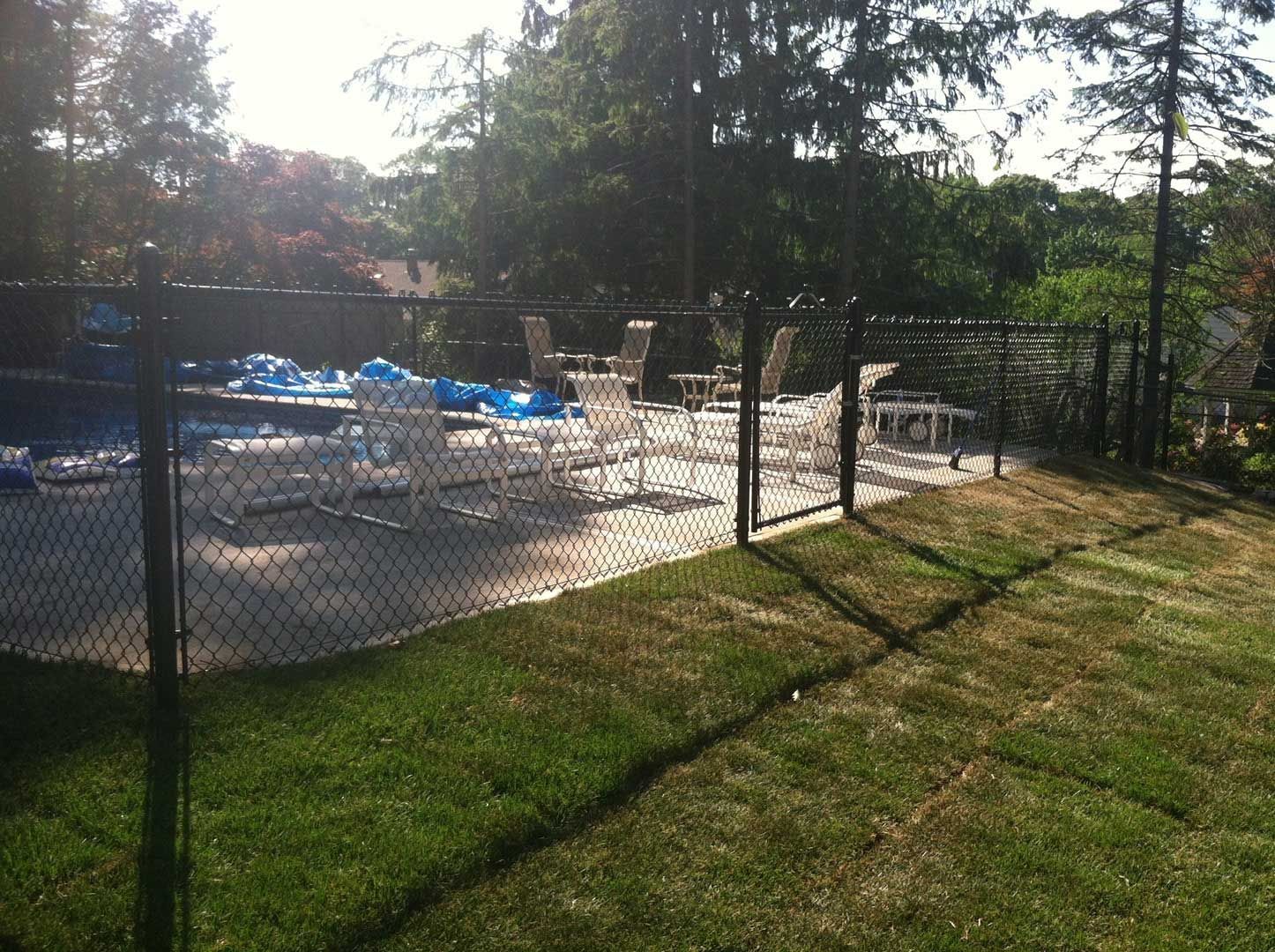 A chain-link fence surrounds a backyard pool; sunny day, green grass, trees in the background.