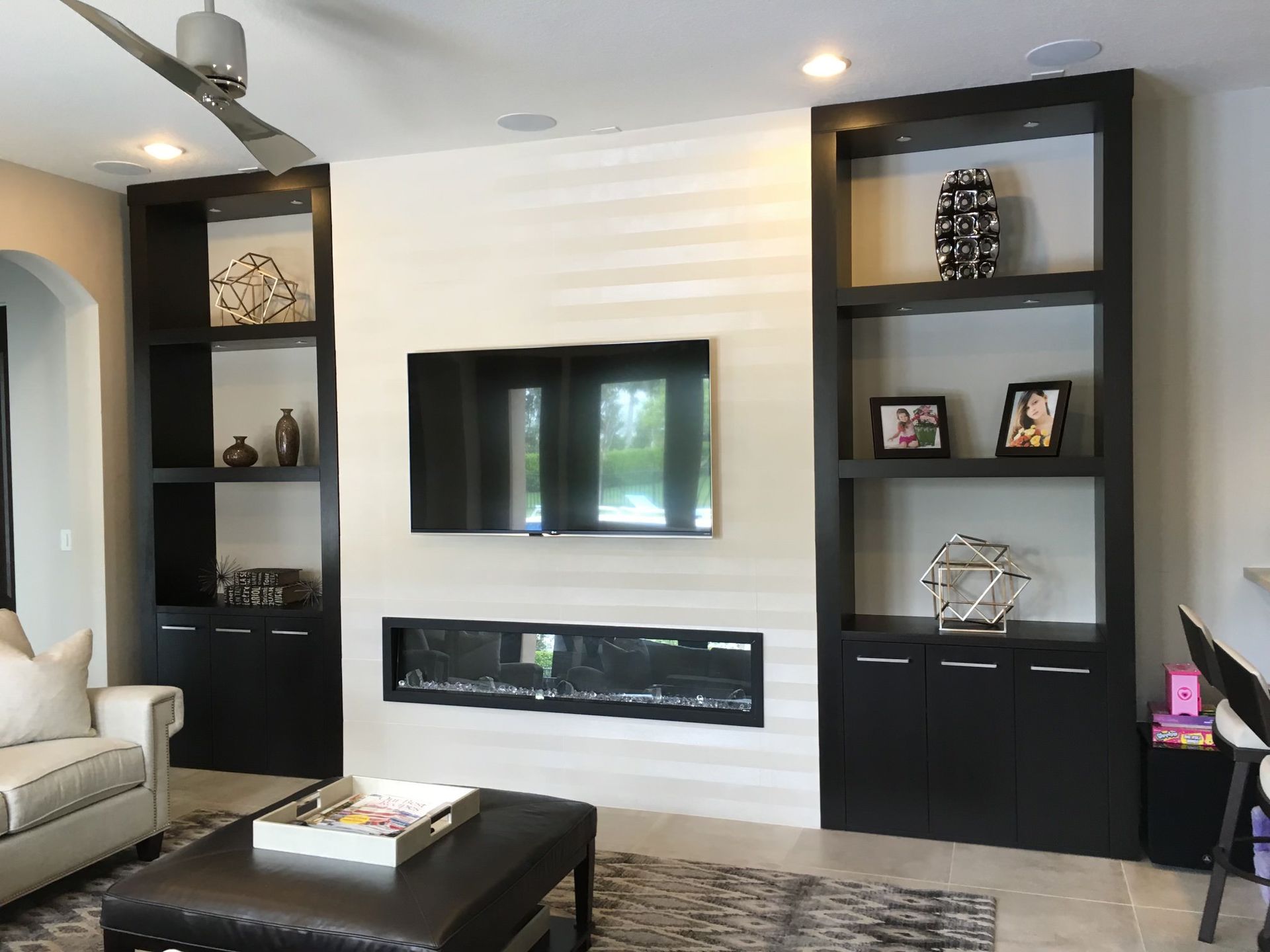 a living room with a fireplace 