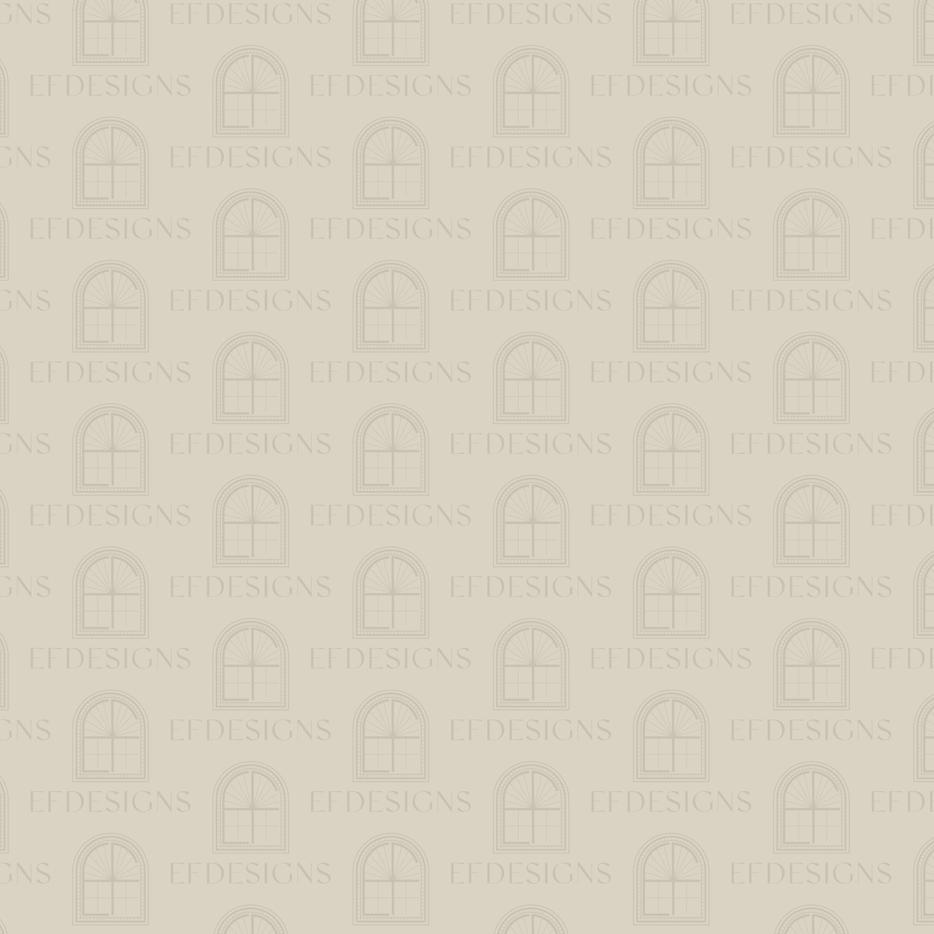 Tan wallpaper with repeating arch window patterns and