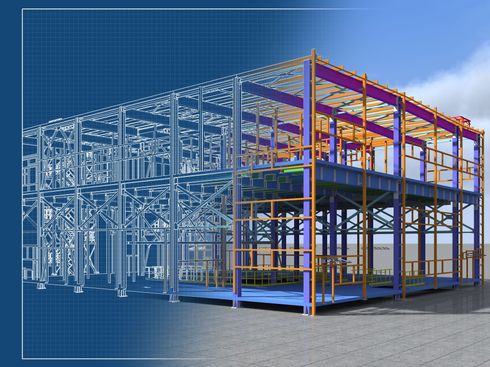 Construction blueprint overlayed on a 3D rendering of a two-story steel frame building.