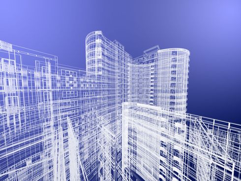 Architectural blueprint of a modern building complex with linear white lines on a blue background.