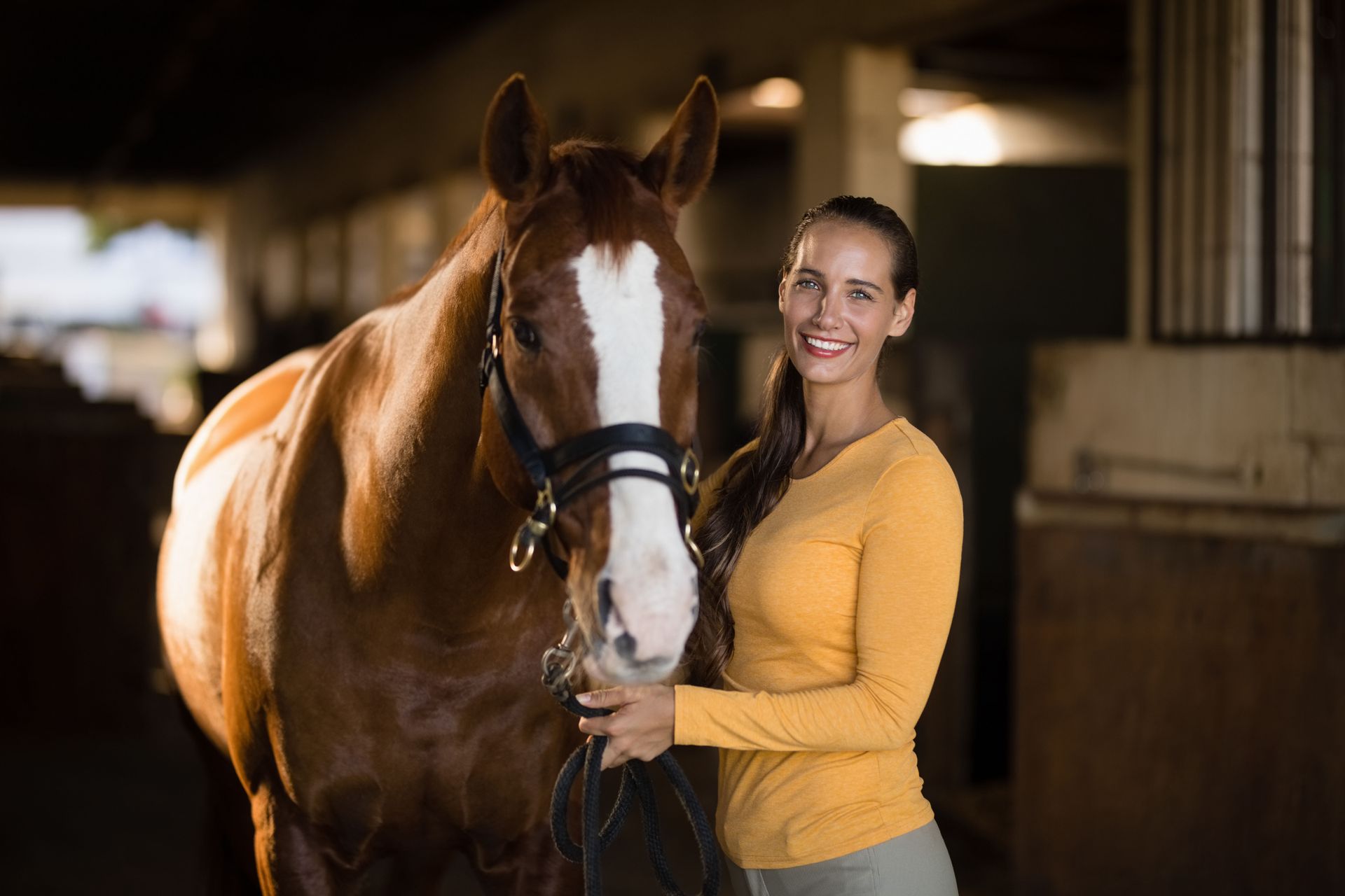 A woman is standing next to a brown horse in a stable