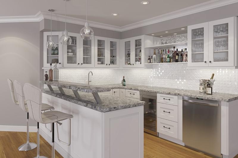 Bright modern white kitchen with marble island, glass cabinets, and stainless-steel appliances.