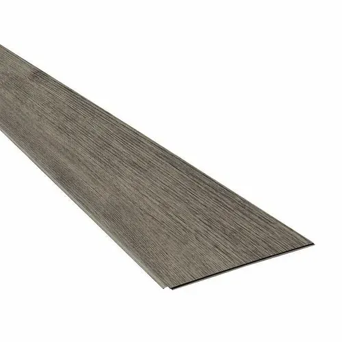 Gray wood-look flooring plank angled diagonally, showing grain texture, for home improvement.