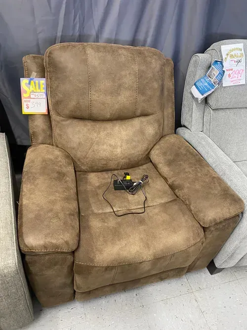 Brown recliner chair with remote control, on sale.