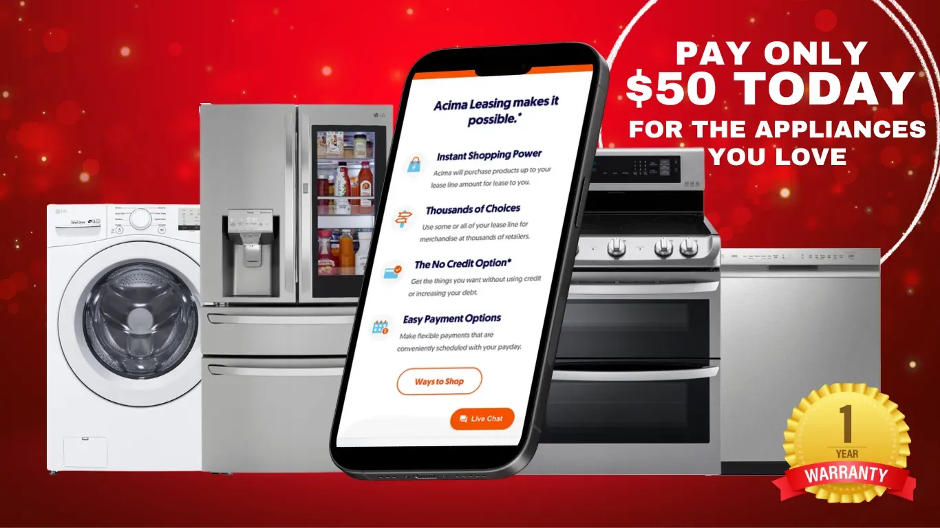 Ad: Pay $50 today for appliances. A phone shows payment options next to a washer, fridge, oven, and dishwasher.