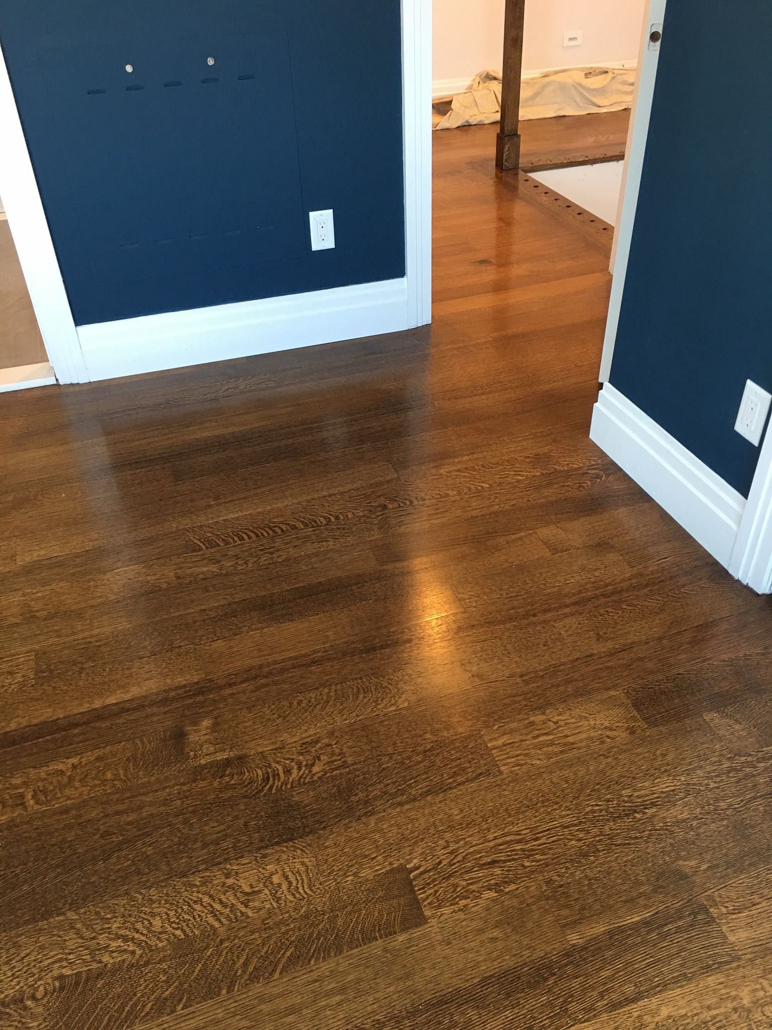 Empty room with dark blue walls, wood flooring, and a doorway leading to a bedroom.