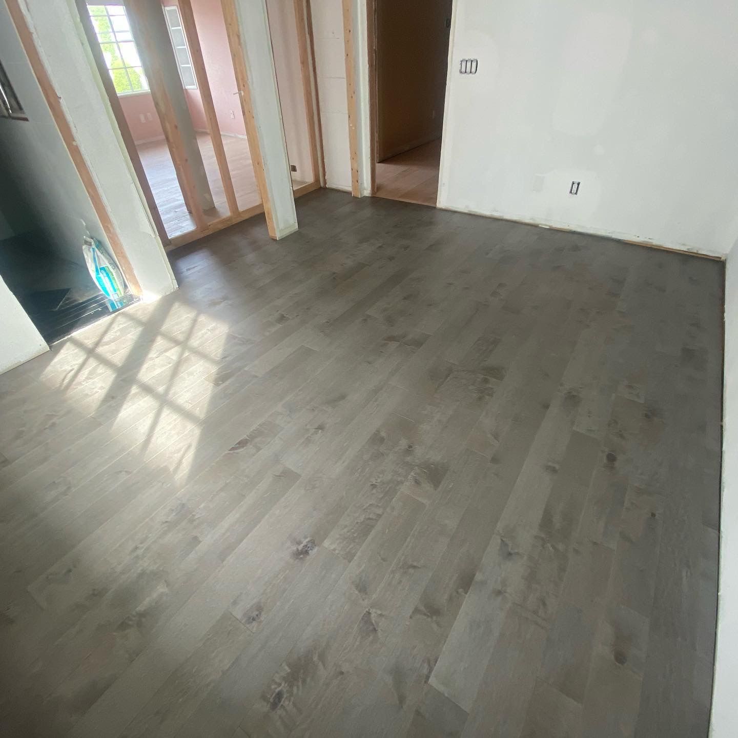 Empty room with gray wood flooring, white walls, and sunlight coming through a glass door.