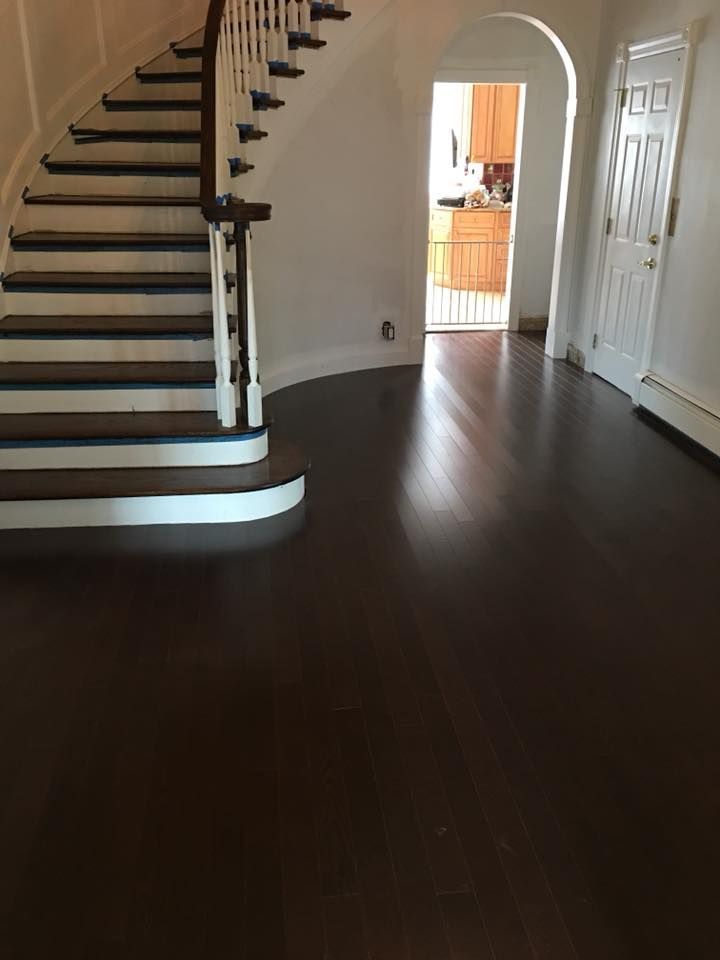 Interior foyer with curved staircase, dark wood floors, and arched doorway to a kitchen.