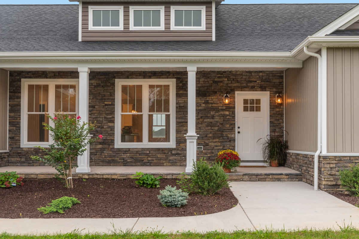 Ranch-style house with stone facade, white columns, porch, and landscaping.