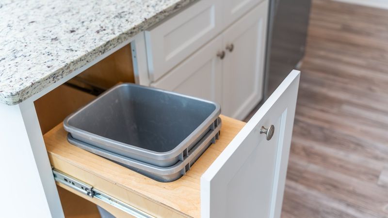 Open cabinet revealing a pull-out shelf with two gray metal bins. White cabinets and a granite countertop are visible.