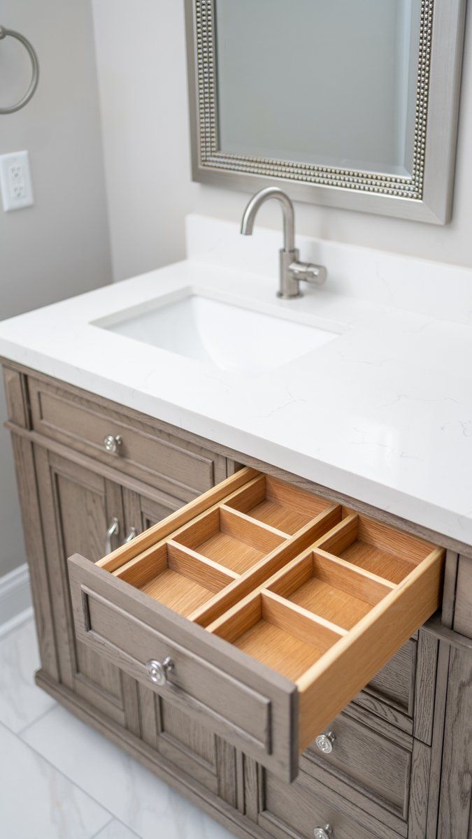 Bathroom vanity with open drawer; white countertop, silver faucet, and mirror.