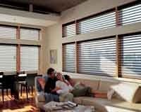 A couple is sitting on a couch in a living room with blinds on the windows.