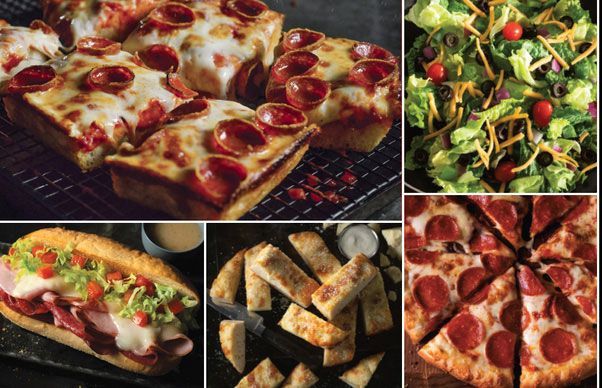 A collage of pizza , sandwiches , and salads