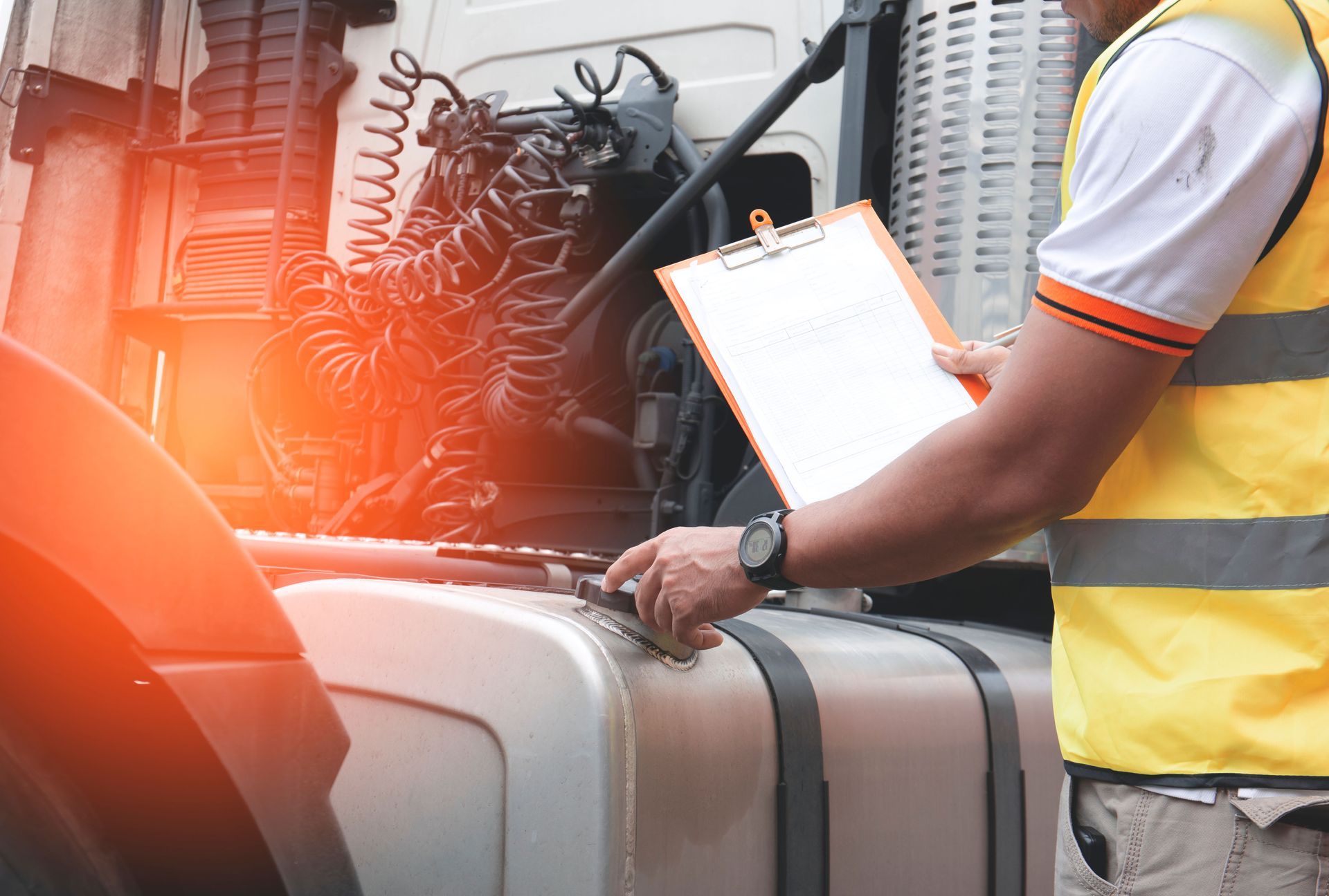 A person wearing a high-visibility vest stands by a truck cab, holding a clipboard and conducting an inspection.