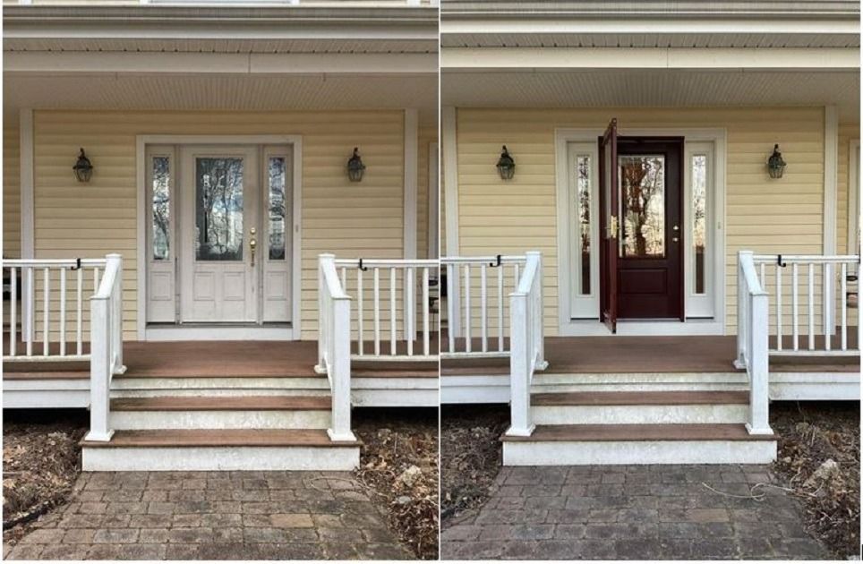 Before-and-after front porch with a white ramp railing; left has steps, right adds an accessible ramp entry.