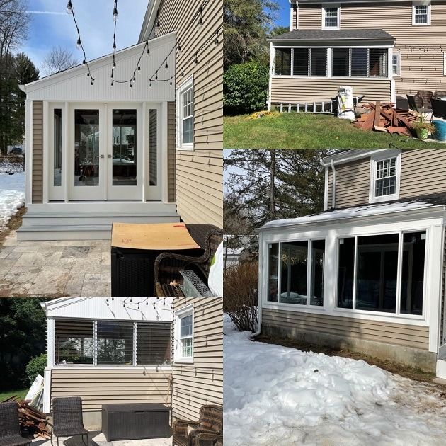 Collage of a beige house addition with white windows and a snow-covered yard from multiple angles